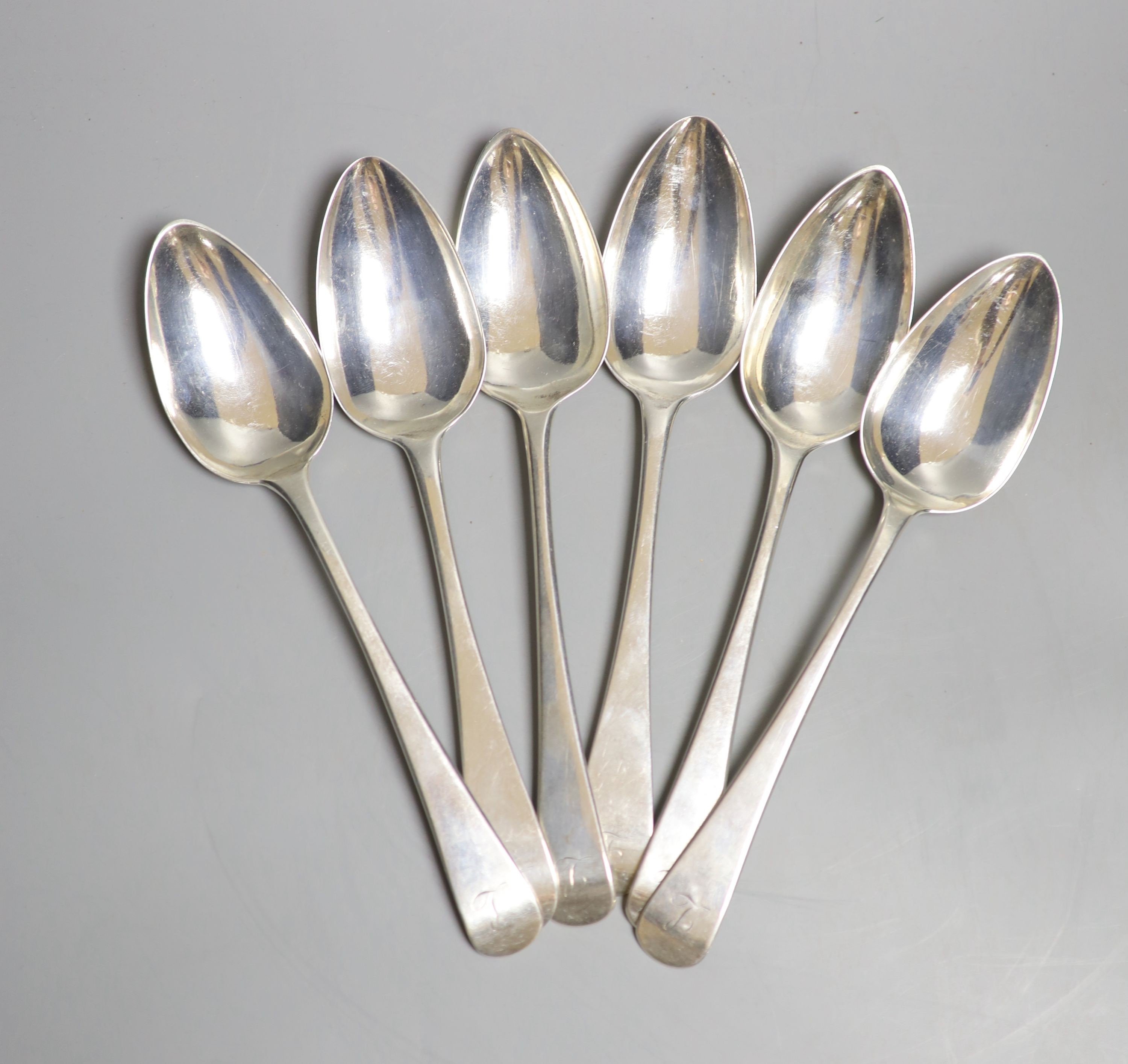 A matched set of six 19th century Scottish silver Old English pattern table spoons, John Zeigler, Edinburgh, 1807(4) and Alexander Spence, Edinburgh, 1805, 21.7cm, 11.5oz.